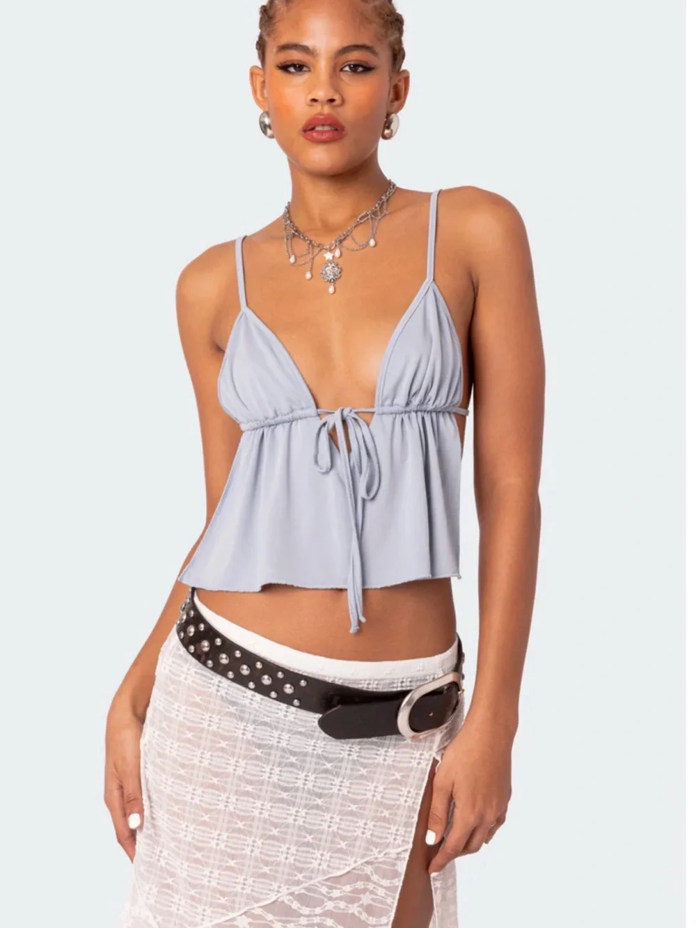 Edikted Light Blue Tie-Front Crop Tank with Pink Logo Tag
